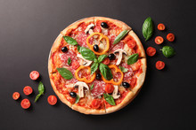Delicious Pizza And Tomatoes On Dark Background, Copy Space