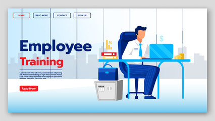 Employee training landing page vector template. Educational courses website interface idea with flat illustrations. Business classes homepage layout. Corporate webinar web banner cartoon concept