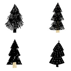 Wall Mural - Set Christmas forest tree fir-tree icon. Simple doodles black white illustration in scandinavian style