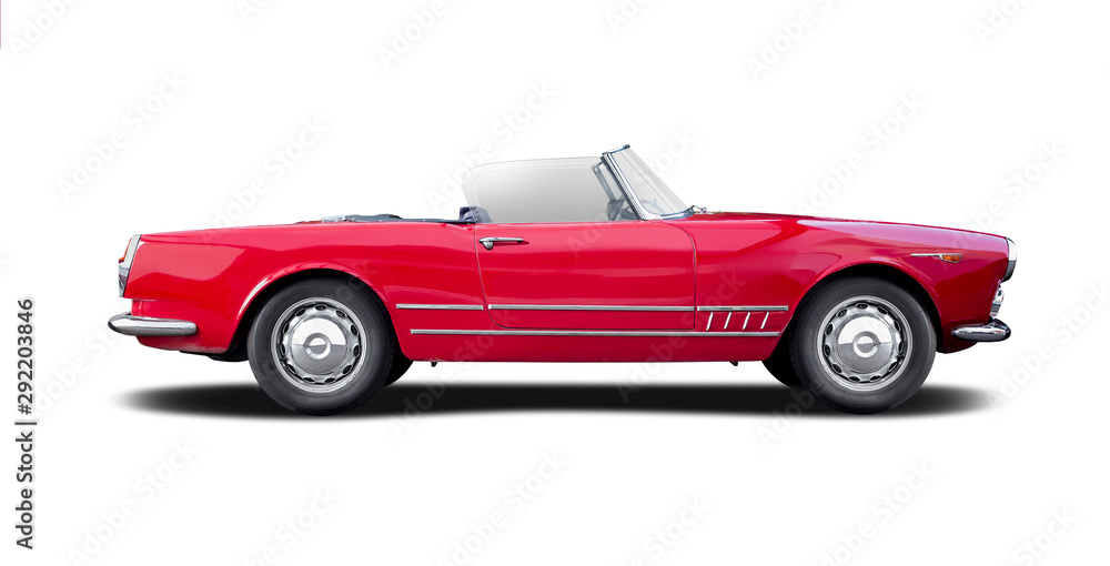 Classic Italian sport cabrio car side view isolated on white - obrazy, fototapety, plakaty 