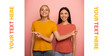 © alphaspirit - Two girls indicates something. Joyful expression face. Pink background with blank space for your text