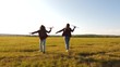 © zoteva87 - toy airplane in hands of girls they play on field. happy kids in a meadow with an airplane in hand. Dreams of flying. concept of a happy childhood. Silhouette of children playing on an airplane.