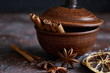 Broun bowl with mulled wine flavoring: cinnamon, star anise, orange skins