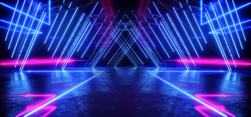 Neon Glowing Purple Blue Vibrant Sci Fi Futuristic Stage Podium Construction Metal Triangle Concrete Grunge Reflective Dark Night Virtual Show Background Laser Tunnel Corridor 3D Rendering