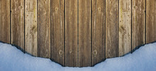 Old Wooden Fence And White Snow Border Holiday Christmas Or New Year Place For Text