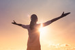 canvas print picture - It's a new day concept. Happy woman in the sunshine lifting arms up to the sky. 