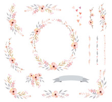 Floral Frame Collection. Set Of Cute Watercolor Retro Flowers.