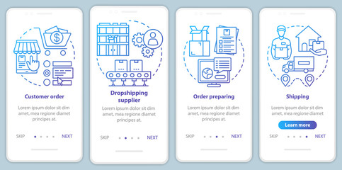 Dropshipping blue onboarding mobile app page screen with linear concepts. Order preparing, supplier, shipping walkthrough steps graphic instructions. UX, UI, GUI vector template with illustrations