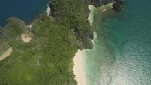 Aerial View Matukad Island With Sand Beach And Turquoise Water In Blue Lagoon Among Coral Reefs, Caramoan Islands, Philippines. Landscape With Sea, Tropical Beach.