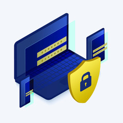 Wall Mural - Data Protection Security Concept. Verification technology for business, safety and confidential software access and data protection flat isometric icon. Laptop and gadgets, secure padlock icon vector 