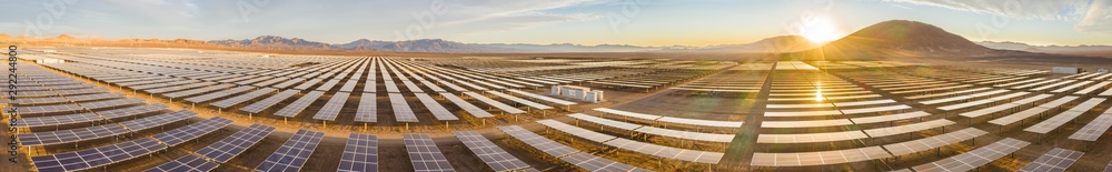 Solar Energy Photovoltaic Power Plant over Atacama desert sands, Chile. Sustainability and green energy from the sun with Solar Energy in the driest desert in the world: Atacama - obrazy, fototapety, plakaty 