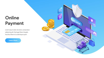 Mobile payment or money transfer with laptop concept. E-commerce market shopping online Isometric illustration. Template for web landing page, banner, presentation, social media, print media