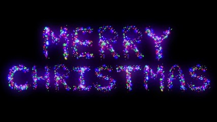 Sticker - Merry Christmas lettering from a multi-colored electric glows in different colors garland on a black isolated background. 