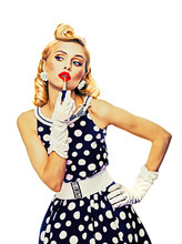 Beautiful Woman In Pin Up Style Black And White Dress In Polka Dot, Applying Lipstick, Isolated Over White Background