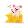 Little mouse and her mom siting on a piece of cheese.