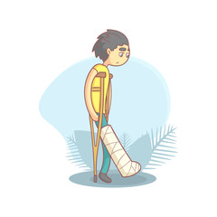 Canvas Print - Teenage Boy Walking on Crutches with Broken Leg, Unhappy Injured Boy Character Vector Illustration