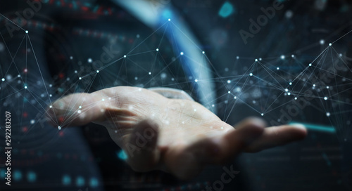 Businessman using floating digital network connections with dots and lines 3D...