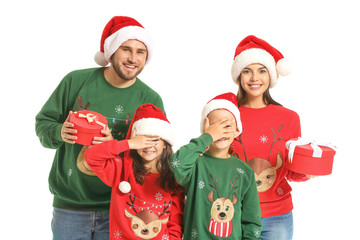 Wall Mural - Happy family with Christmas gifts on white background