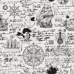 Vector abstract seamless background on the theme of travel, adventure and discovery. Old manuscript with caravels, wind rose, anchors and other nautical symbols with blots and stains in vintage style