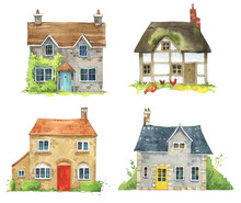 Set Of Watercolor British Cottages, English Traditional Architecture