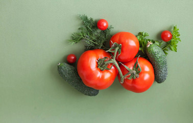 Flat lay composition with fresh cucumber, green-stuff and tomatoes on green background with copy cpace