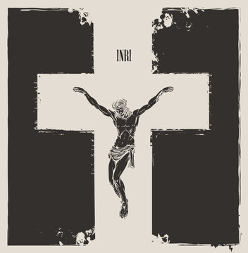 Vector banner on the religious theme with crucifixion. Abstract religious illustration with crucified Jesus Christ on the cross, a Catholic symbol. INRI