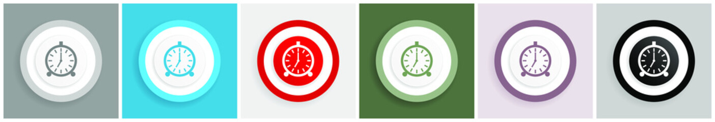 Leinwandbilder - Alarm clock icon set, colorful flat design vector illustrations in 6 options for web design and mobile applications