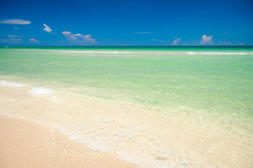 Wall Mural - Bright scenic view of clear Caribbean waves lapping golden sands under vibrant blue sky