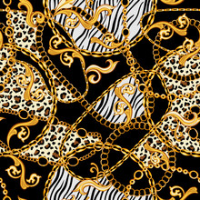 Golden Chains, Baroque Ornaments Mixed With Tiger And Zebra Animals Patterns. Seamless Pattern With Black Background. The Eighties Stylized Fashion