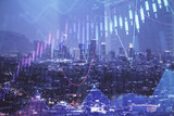 Fototapeta Nowy Jork - Financial graph on night city scape with tall buildings background double exposure. Analysis concept.