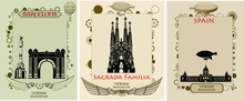 Barcelona Silhouette, Vector Skyline Illustration, Clouds, Sagrada Familia, Collage Icon, City Panorama River