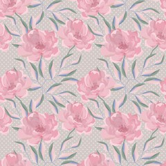  Seamless pattern of delicate pink peonies with leaves in light pink, blue and green colors on a gray polka dot background.