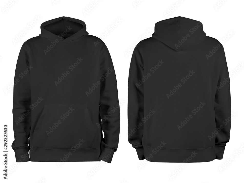 Men's black blank hoodie template,from two sides, natural shape on invisible mannequin, for your design mockup for print, isolated on white background - obrazy, fototapety, plakaty 