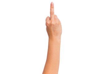 female hand showing middle finger gesture, isolated on white background. beautiful hand of woman wit