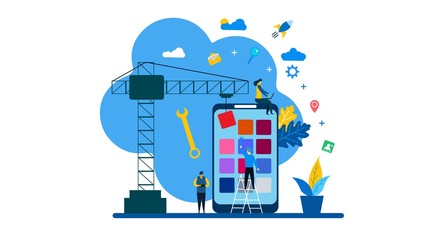 Mobile application development with Tiny People Character Concept Vector Illustration, Suitable For web landing page,Wallpaper, Background, Card, banner,Book Illustration