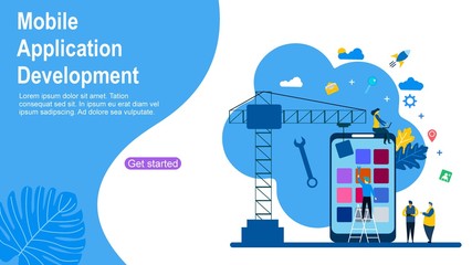 Website or landing page of Mobile application development with Tiny People Character Concept Vector Illustration, Suitable For web landing page,Wallpaper, Background, Card, banner,Book Illustration