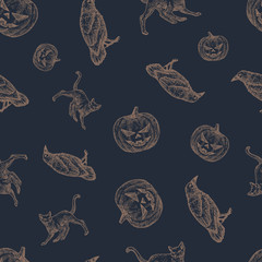 Wall Mural - Hand Drawn Raven, Cat and Evil Pumpkin Vector Seamless Background Pattern. Halloween Celebration Greeting Sketches Card, Wrapping or Cover Template. Dark Background
