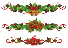 Holiday Border Divider Set - Red Holly Berries With Green Leaves And Red Ribbon