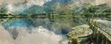 Digital Watercolor Painting Of Panorama Landscape Rowing Boats On Lake With Jetty Against Mountain Background