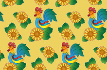 Seamless Pattern With Roosters And Sunflowers On A Yellow Background.  Template For Wallpaper, Packaging, Textile, Fabric.