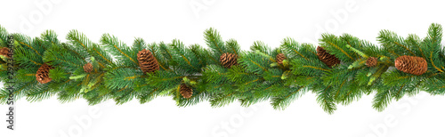 Cuadros en Lienzo Garland with green fir branches and cones isolated on white