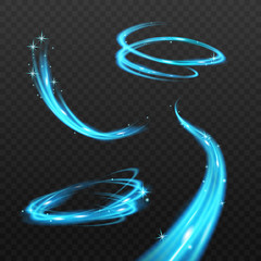 Magic blue sparkle trail set isolated on dark background - colorful energy flow