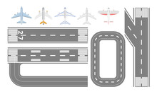 Airport Runway Track And Airplane Types Set - Isolated Flat Collection