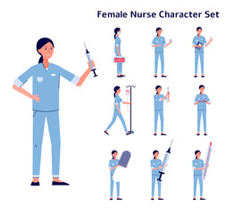 Nurse woman character various poses and actions flat vector illustration isolated.