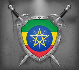 Wall Mural - Flag of Ethiopia. The Shield with National Flag. Two Crossed Swords. Medieval Background