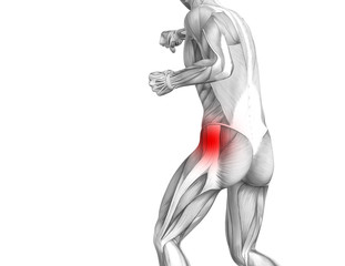 Poster - Conceptual hip human anatomy with red hot spot inflammation articular joint pain for leg health care therapy or sport muscle concepts. 3D illustration man arthritis or bone sore osteoporosis disease