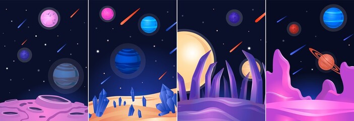 Wall Mural - Space landscape poster set - colorful alien planet on dark galaxy night sky