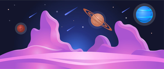 Wall Mural - Cosmic planet landscape or surface background flat vector illustration.
