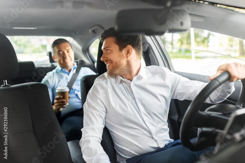 Fotomural transportation, vehicle and people concept - male car driver talking to middle a