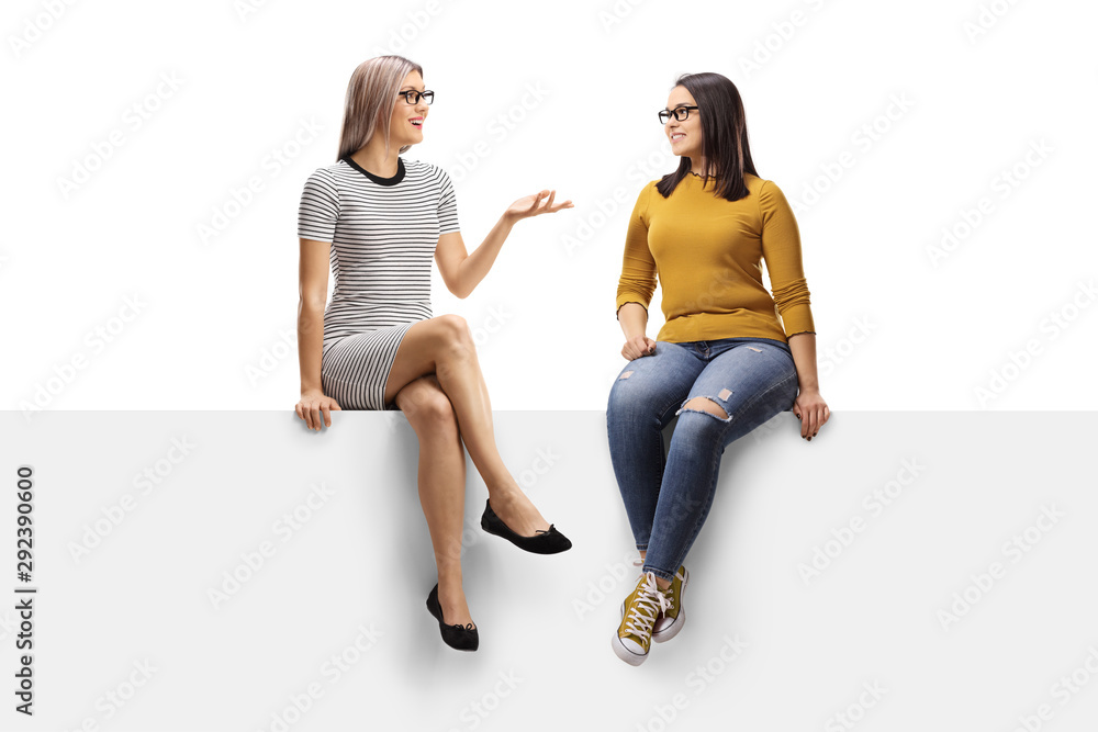 Two young women having a conversation on a panel - obrazy, fototapety, plakaty 